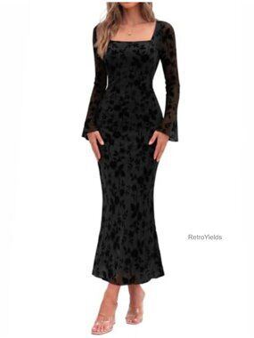 Women's Floral Maxi Bodycon Dress Square Neck Sheer Bell Sleeve Ruched Formal